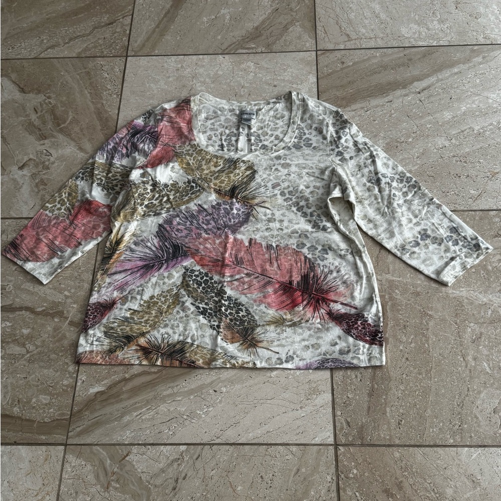 Chicos Feather Print Scoop Neck Women’s Top - Cream/Multi size 3